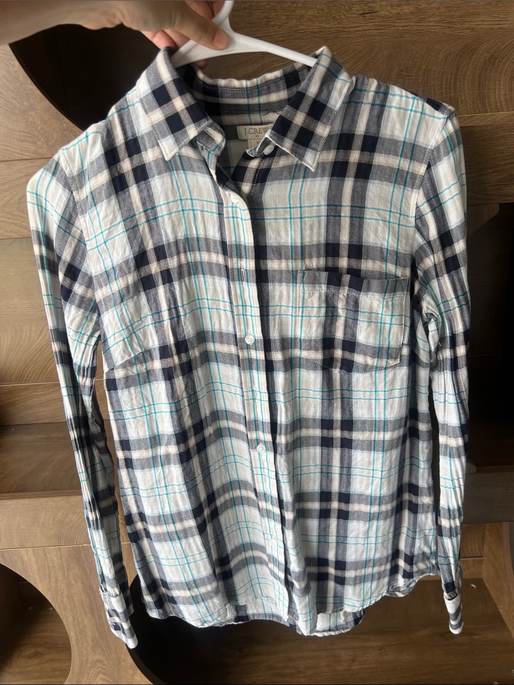 J. Crew Women’s White, Navy & Teal Plaid Button-Down Shirt